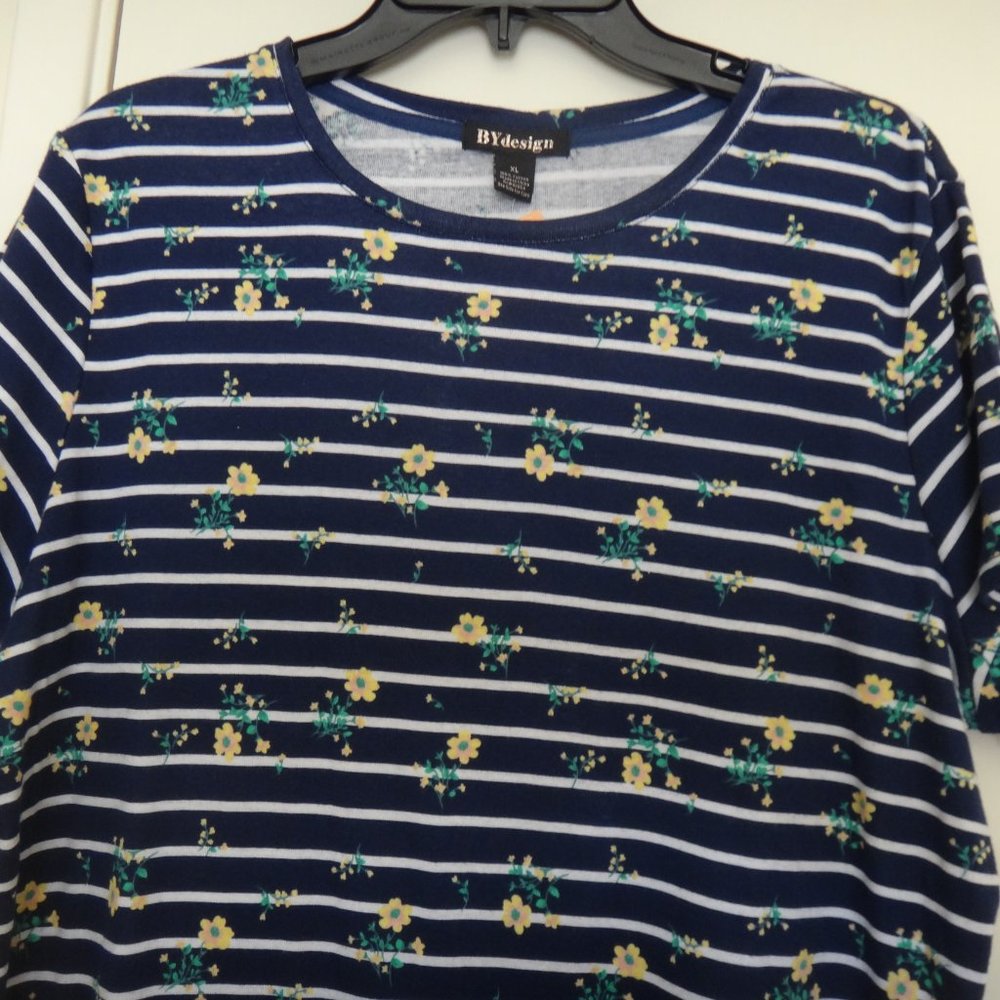 NWT BYdesign Knit Top White Navy Blue  Stripes Short Sleeve X-Grande. - Picture 2 of 7